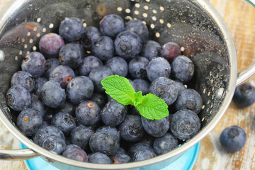 Blueberries in colander, closeup
