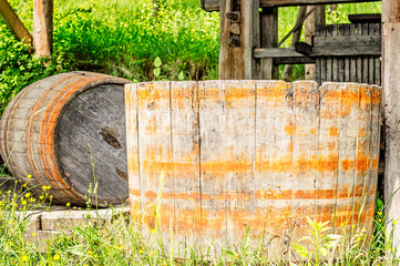 Old wood barrel used for stomping or crushing grapes. © Ana-Maria Tegzes