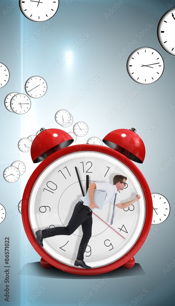 Poster composite image of geeky businessman running late