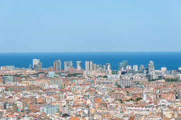 Aerial view of the Barcelona district of El Poblenou. The district, formerly it was an industrial area, is newly developed, now with many high-rise buildings, what gives the city a new face.