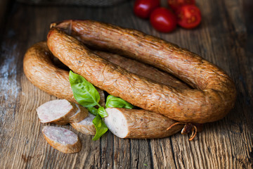 Traditional food. Smoked sausage.
