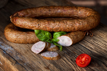 Traditional food. Smoked sausage.