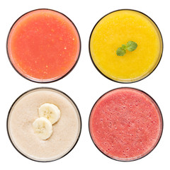 Set of fruit smoothie in glasses isolated on white background.