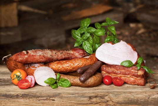 Assortment of cold meats, variety of processed cold meat products