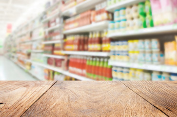 Wood floor and Supermarket blur background ,Product shelf sauce