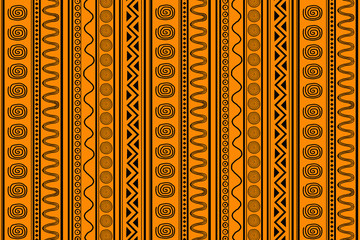 black ethnic patterns on an orange background