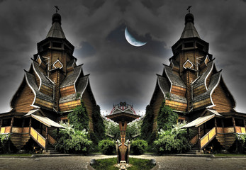 Dark fantasy haunted church abandoned witch house halloween landscape moon.