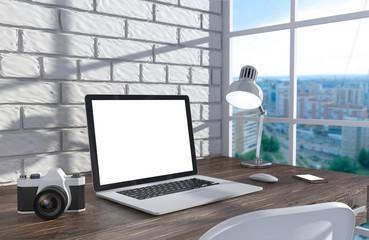 3D illustration laptopand work stuff on table near brick wall