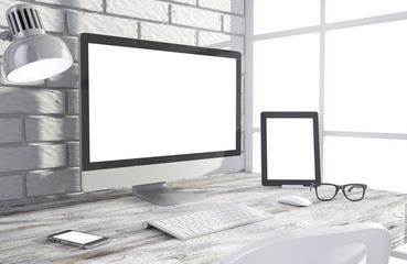Fototapeta premium 3D illustration PC screen on table in office, Workspace