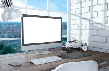 Fototapeta premium 3D illustration PC screen on table in office, Workspace