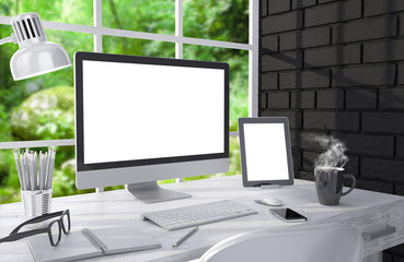 Fototapeta premium 3D illustration PC screen on table in office, Workspace