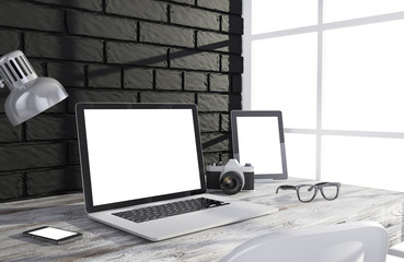 Fototapeta premium 3D illustration laptopand work stuff on table near brick wall