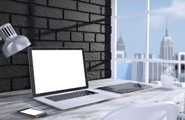 3D illustration laptopand work stuff on table near brick wall