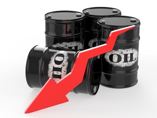 Oil Barrels with Red Arrow down. Financial crisis