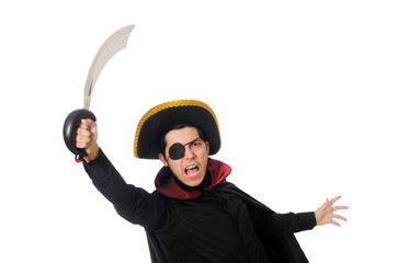 One eyed pirate with sword isolated on white