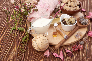 Composition of spa treatment on wooden background
