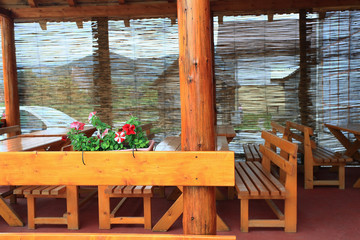 Wooden furniture street cafe