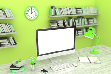 Fototapeta na wymiar 3D illustration PC screen on table in office, Workspace