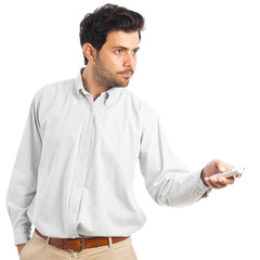 young man pointing with a remote control on a white background