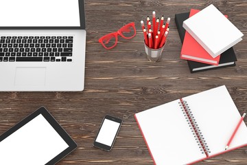 laptop and office stuff, workplace, top view