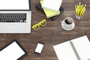 laptop and office stuff, workplace, top view