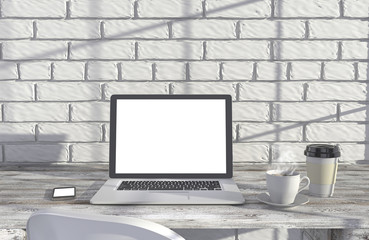 Fototapeta premium 3D illustration laptopand work stuff on table near brick wall