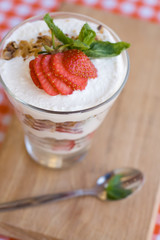 Light summer dessert with oatmeal, beaten yogurt and berries.