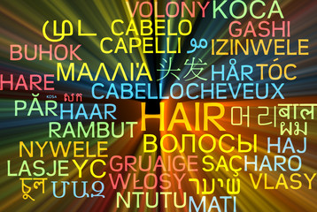 Hair multilanguage wordcloud background concept glowing