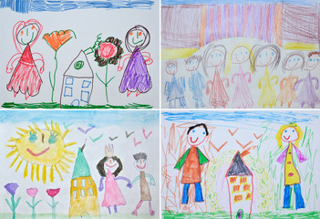 child's drawing, mom and dad in the garden at the house