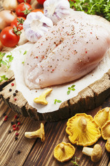 Chicken meat with vegetables and chanterelles