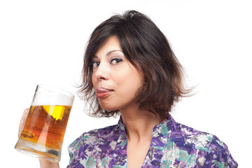 Young brunette girl with big mug of beer 2