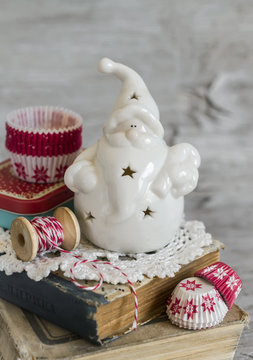 ceramic Santa Claus, Christmas decoration, vintage style and paper molds for baking cakes