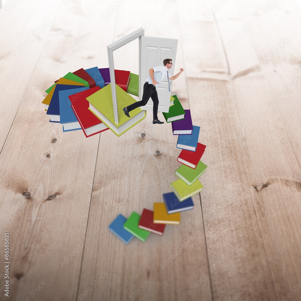 Poster composite image of geeky businessman running late
