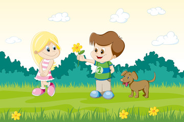 Obraz na płótnie Canvas Boy has presented a flower to a girl