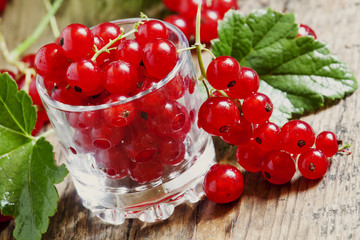 Fresh red currants with leaves in glass on a wooden table, selec