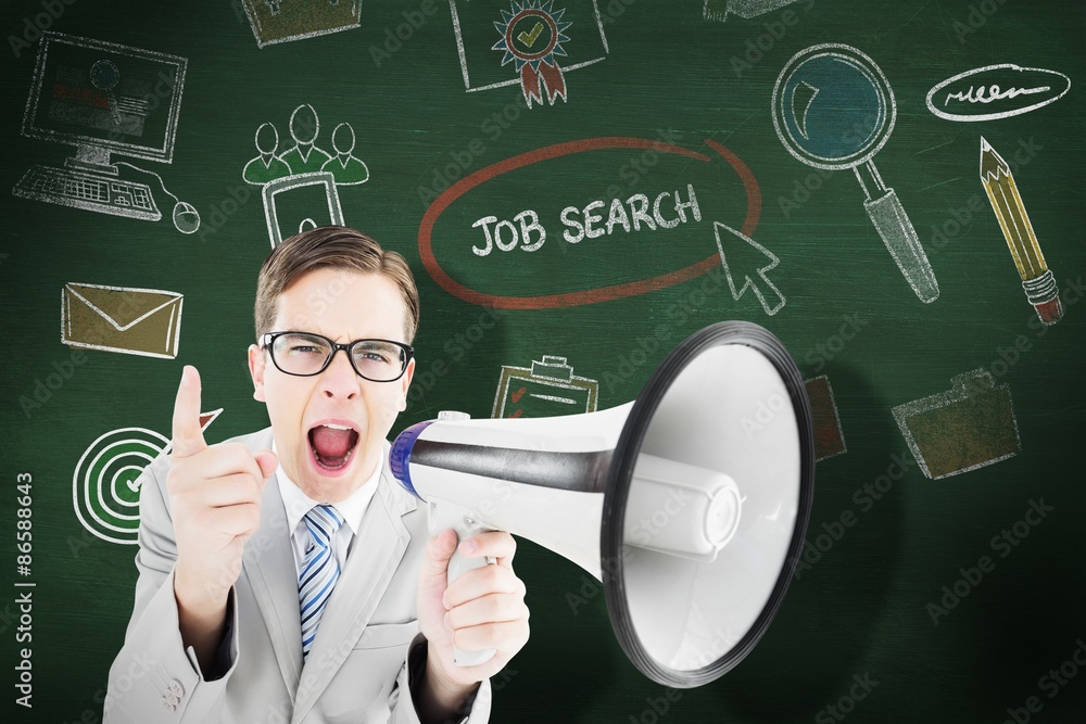 Poster composite image of geeky businessman shouting through megaphone