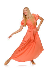 Young woman in pink romantic dress isolated on white