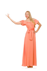 Fototapeta premium Young woman in pink romantic dress isolated on white
