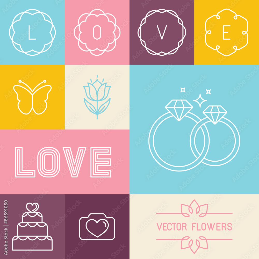 Poster vector set of linear icons for wedding invitations