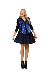 Blond hair girl in dark blue skirt isolated on white