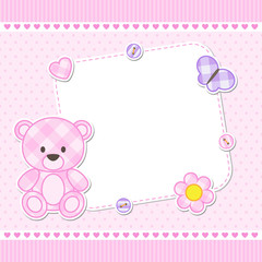 Card with pink teddy bear for girl. Vector template with place for your text