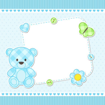 Card with blue teddy bear for boy. Vector template with place for your text