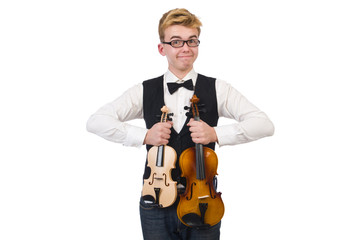 Funny violin player isolated on white