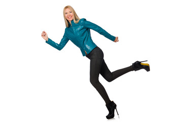 Pretty woman in blue leather jacket isolated on white