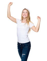 Fototapeta na wymiar Excited Woman with red christmas hat raised two hand up