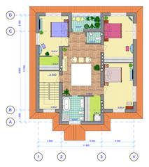 Multicolored Plan of 2 floor of house