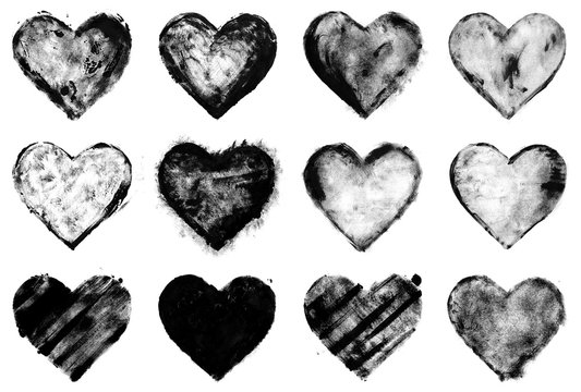 grunge painted black heart shapes set