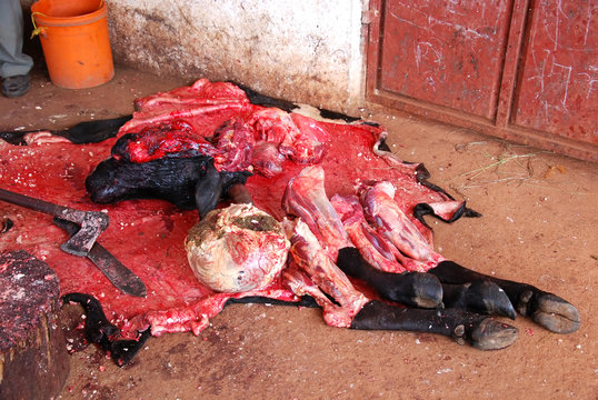 The butchering of a cow to market of Pomerini in Tanzania - Africa