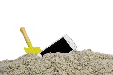 Smartphone With Touch Screen In The White Beach Sand Isolated