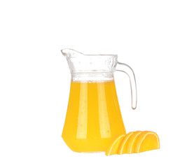 Orange juice in pitcher and oranges. Isolated on white background
